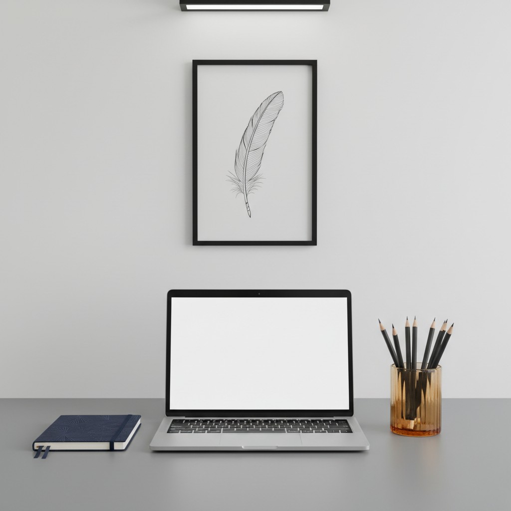 An open laptop on a gray table, with a framed feather picture on the wall and a journal and pencil holder nearby.