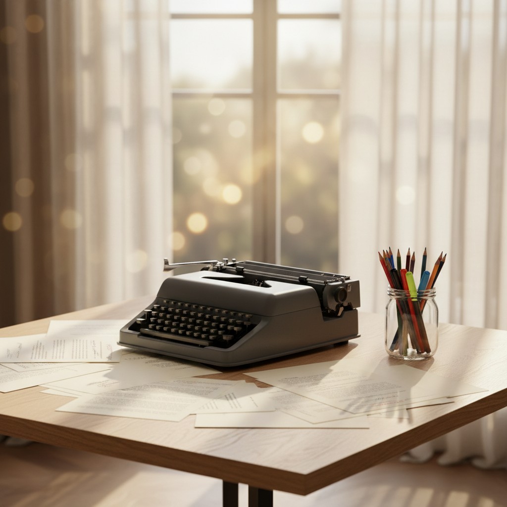 A cluttered desk with a typewriter and colorful pencils. Multiple papers are scattered on the table, while the background ...