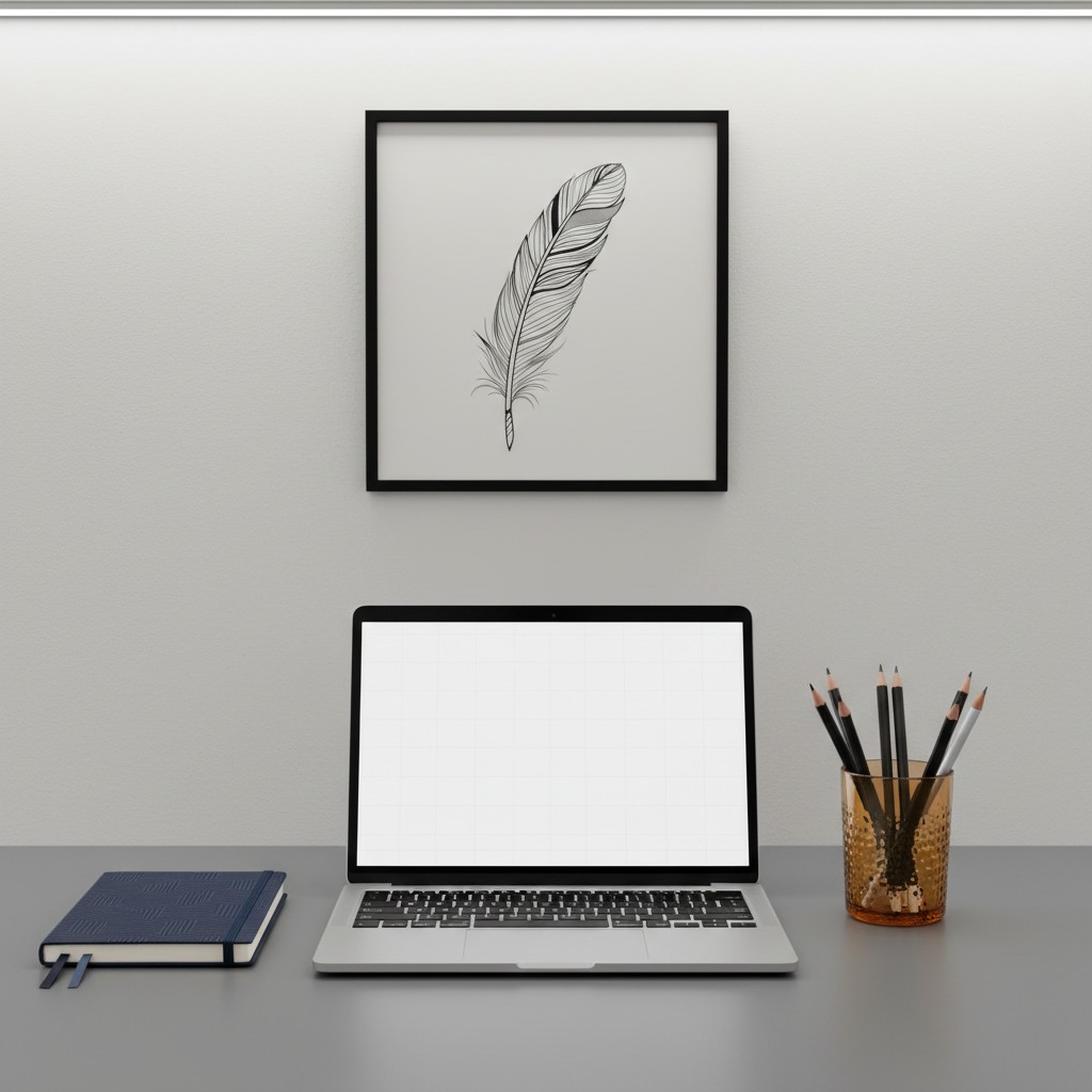 A grayscale rendering of a minimalist workspace featuring a laptop, framed feather print, and a collection of pencils. The...