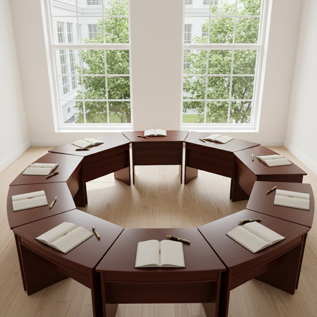 An image of a circular conference table surrounded by nine identical tables, arranged in the shape of a semi-circle. There...