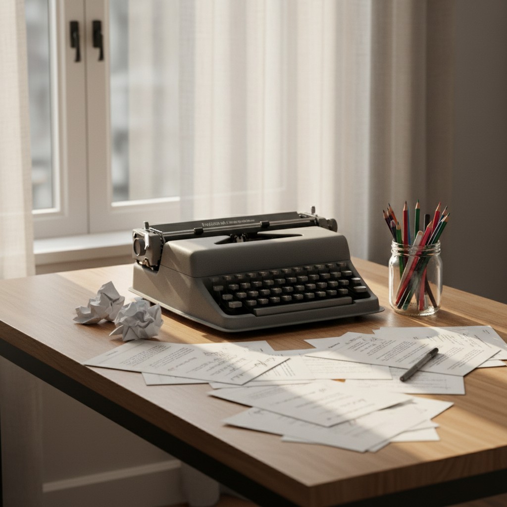 an image depicting a desk with a typewriter, papers, and a jar of colored pencils.