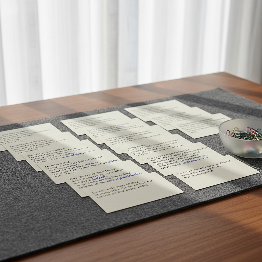 Bowl of paperclips sits on a gray envelope mat atop a wood table with eight off-white, rectangular notes in front of it.